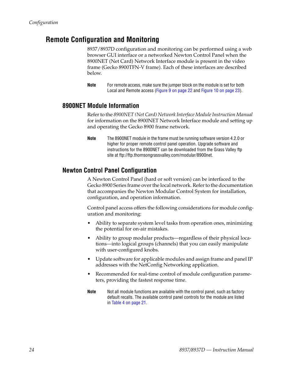Remote configuration and monitoring, 8900net module information, Newton control panel configuration | Grass Valley 8937 v.1.1.0 User Manual | Page 24 / 48