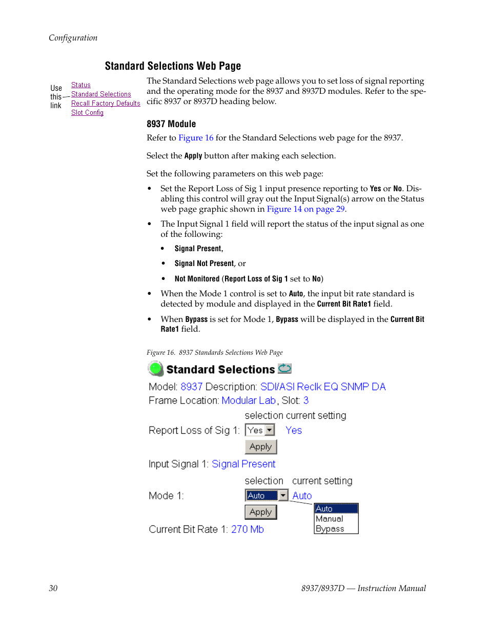 Standard selections web page | Grass Valley 8937 v.1.1.0 User Manual | Page 30 / 48
