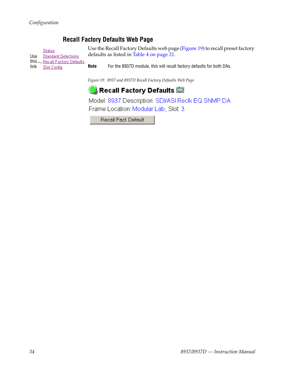Recall factory defaults web page | Grass Valley 8937 v.1.1.0 User Manual | Page 34 / 48