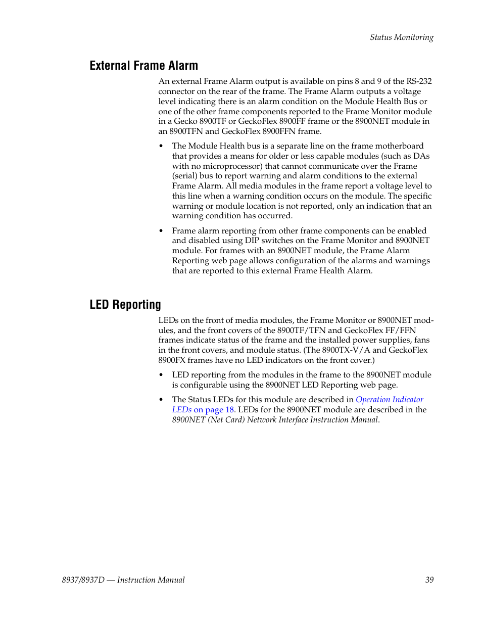 External frame alarm, Led reporting | Grass Valley 8937 v.1.1.0 User Manual | Page 39 / 48