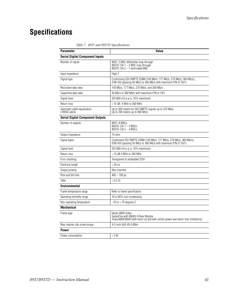 Specifications | Grass Valley 8937 v.1.1.0 User Manual | Page 41 / 48