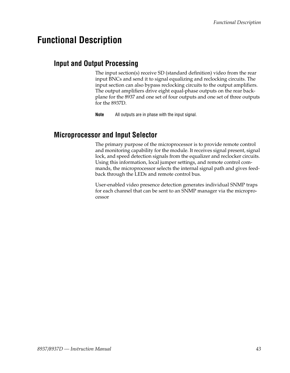 Functional description, Input and output processing, Microprocessor and input selector | Grass Valley 8937 v.1.1.0 User Manual | Page 43 / 48