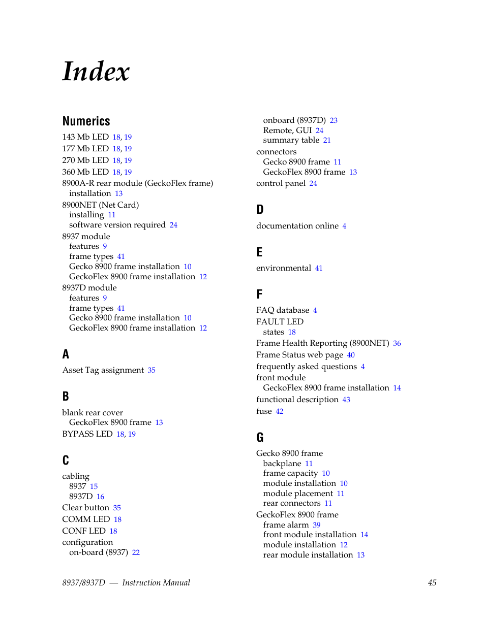 Index, Numerics | Grass Valley 8937 v.1.1.0 User Manual | Page 45 / 48