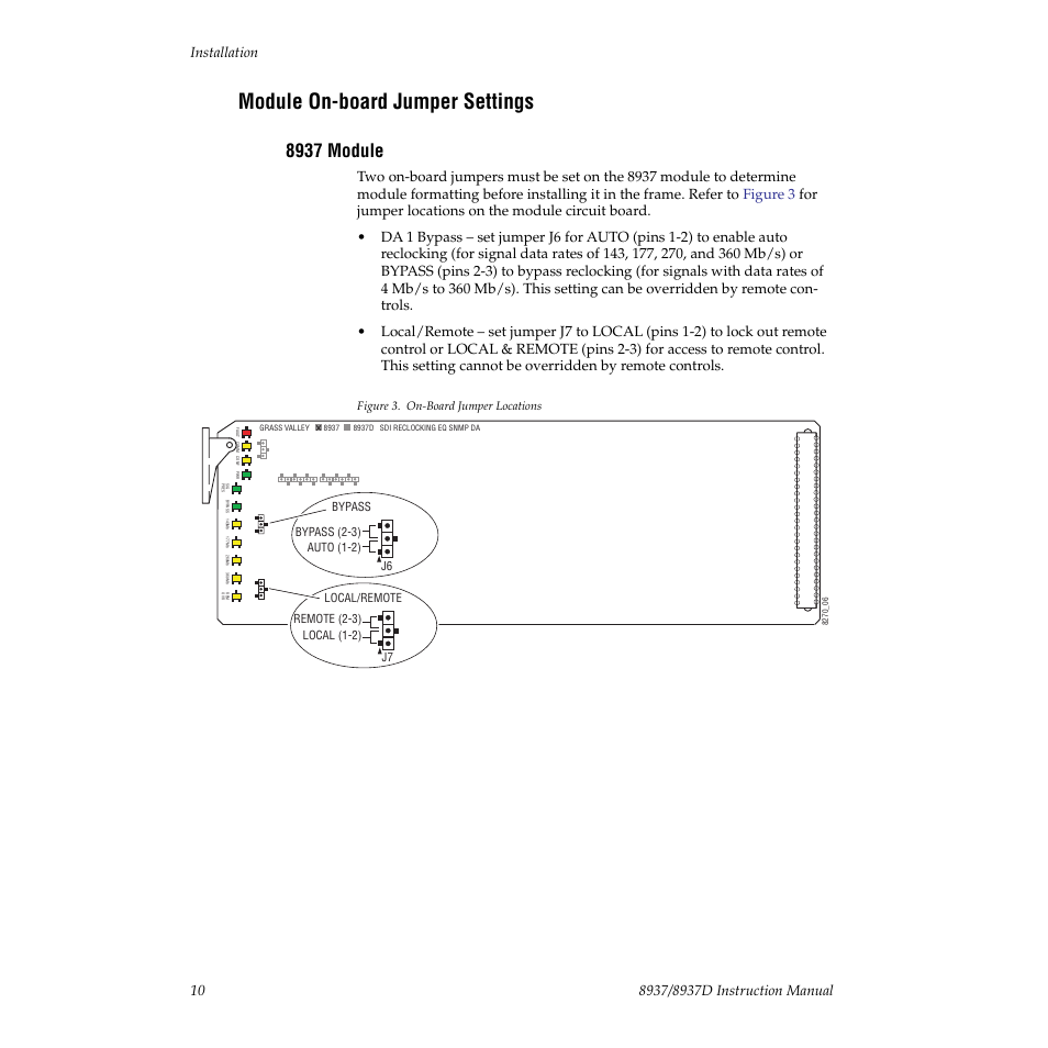 Module on-board jumper settings, 8937 module | Grass Valley 8937 v.1.0.0 User Manual | Page 10 / 40