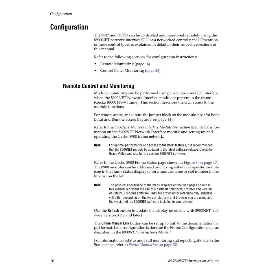 Configuration, Remote control and monitoring | Grass Valley 8937 v.1.0.0 User Manual | Page 16 / 40