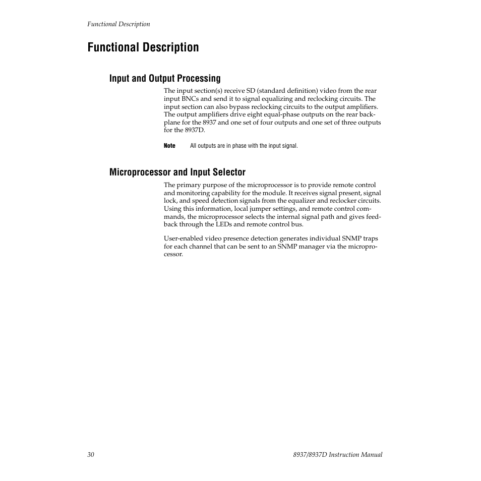Functional description, Input and output processing, Microprocessor and input selector | Grass Valley 8937 v.1.0.0 User Manual | Page 30 / 40