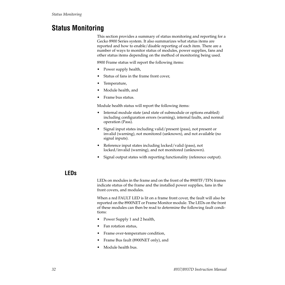 Status monitoring, Leds, Efer to | Grass Valley 8937 v.1.0.0 User Manual | Page 32 / 40