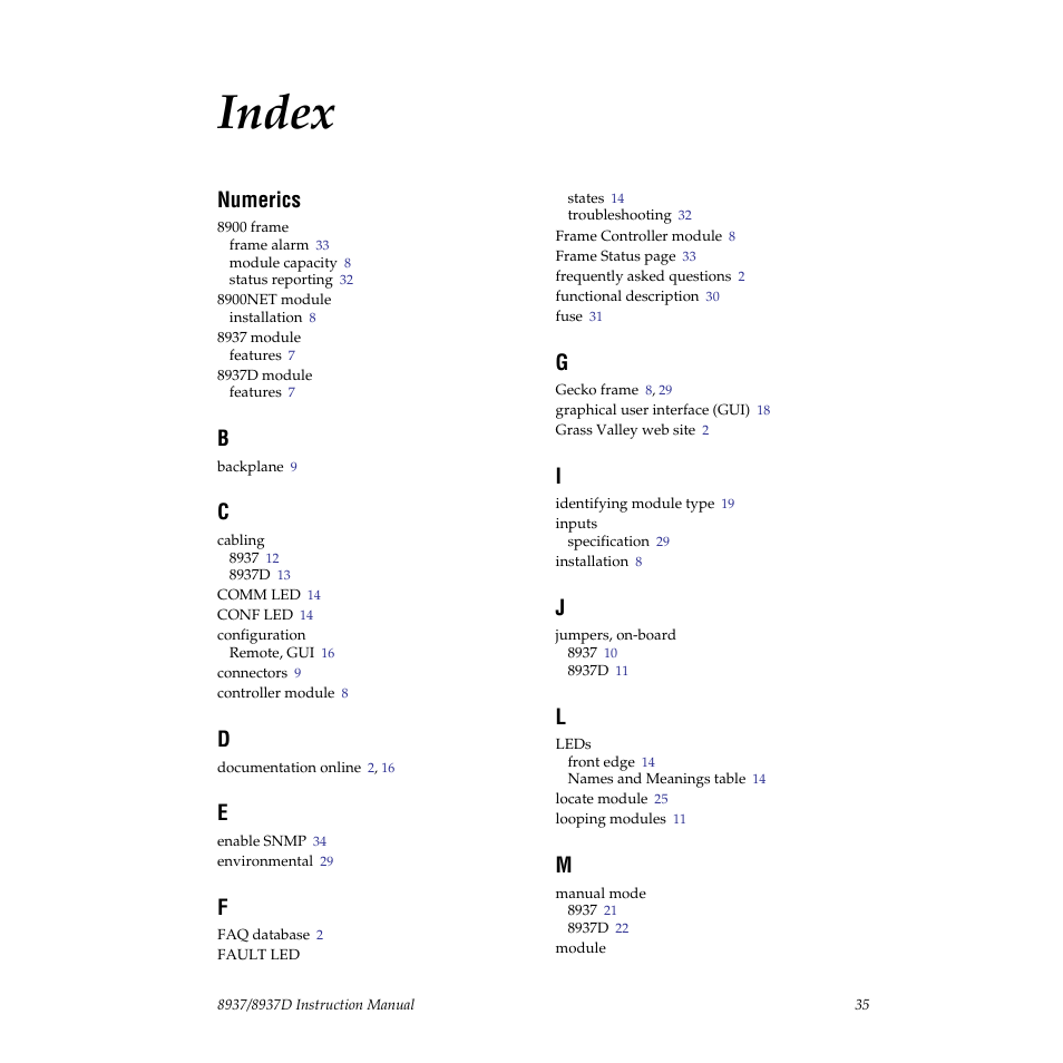 Index, Numerics | Grass Valley 8937 v.1.0.0 User Manual | Page 35 / 40