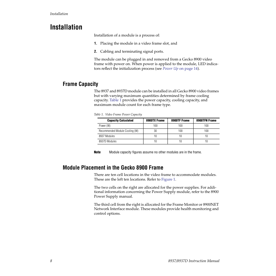 Installation, Frame capacity, Module placement in the gecko 8900 frame | Grass Valley 8937 v.1.0.0 User Manual | Page 8 / 40