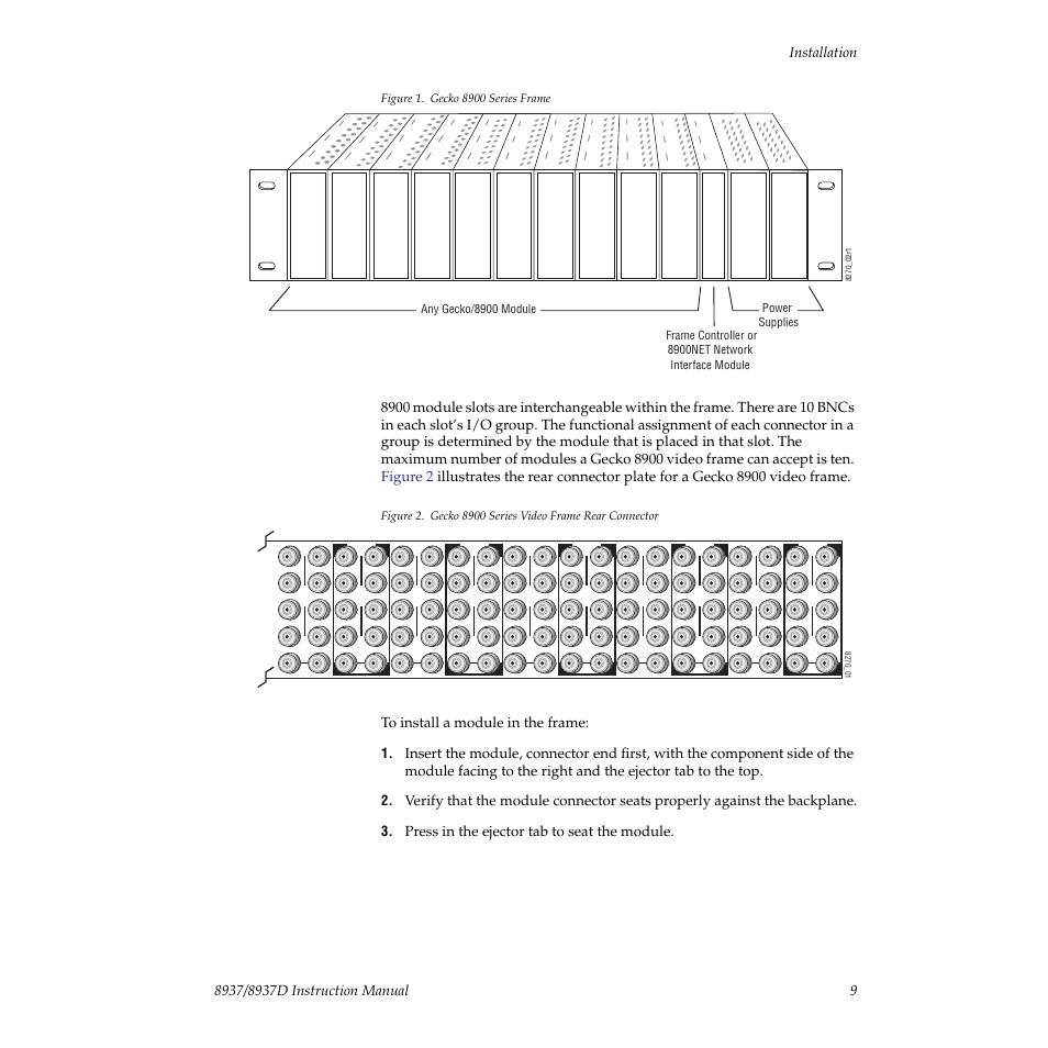 Figure 1, Press in the ejector tab to seat the module | Grass Valley 8937 v.1.0.0 User Manual | Page 9 / 40