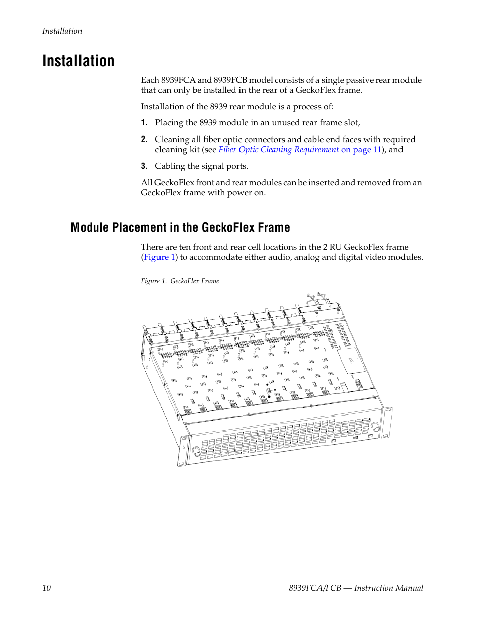 Installation, Module placement in the geckoflex frame | Grass Valley 8939FCA User Manual | Page 10 / 32