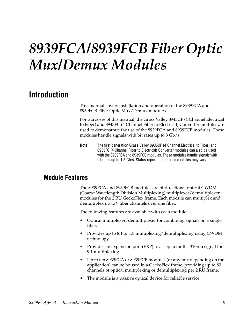 8939fca/8939fcb fiber optic mux/demux modules, Introduction, Module features | Grass Valley 8939FCA User Manual | Page 9 / 32