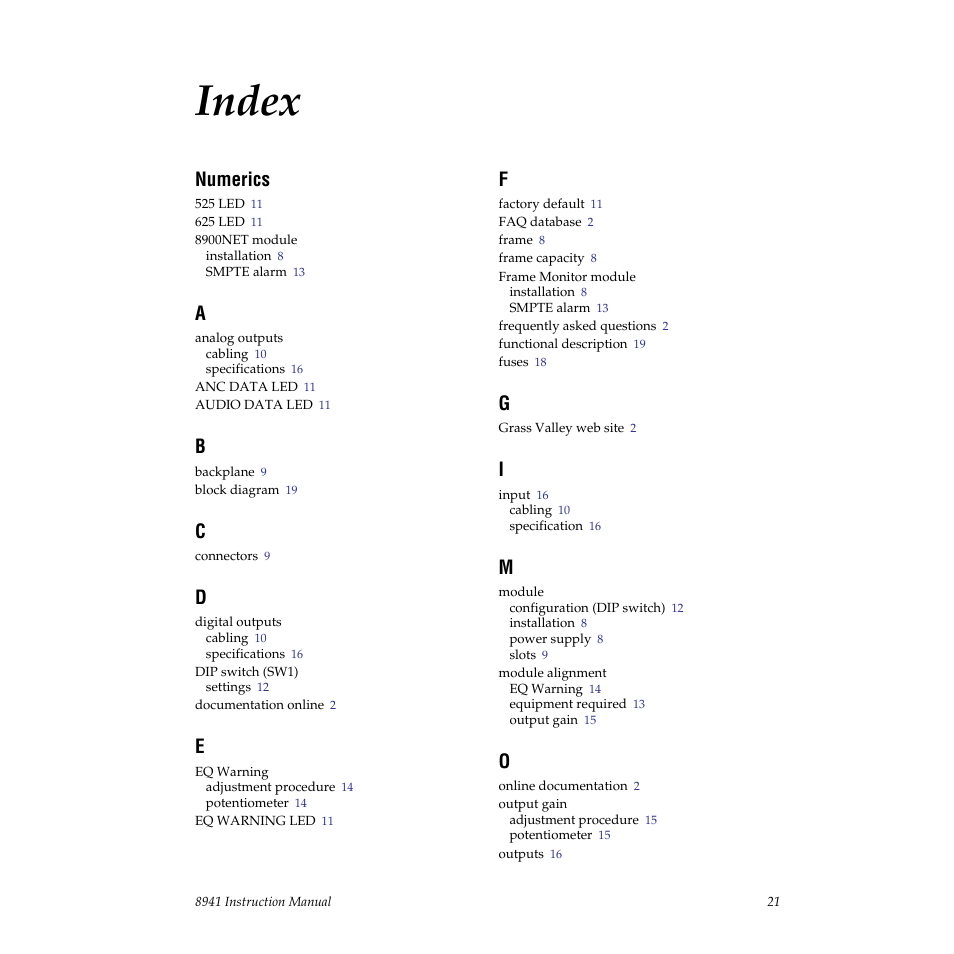 Index, Numerics | Grass Valley 8941 User Manual | Page 21 / 22