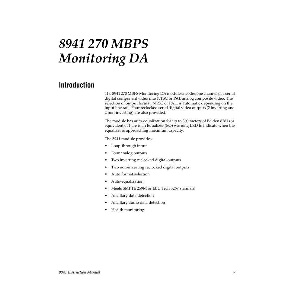 8941 270 mbps monitoring da, Introduction | Grass Valley 8941 User Manual | Page 7 / 22