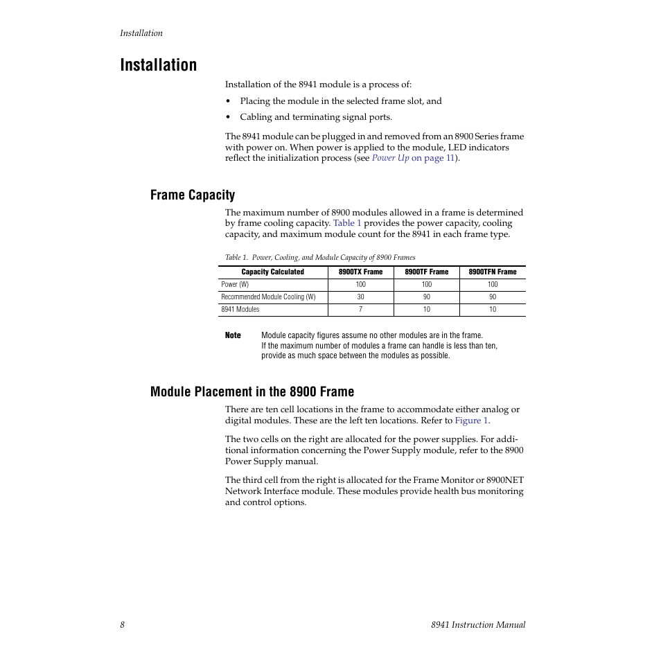 Installation, Frame capacity, Module placement in the 8900 frame | Grass Valley 8941 User Manual | Page 8 / 22