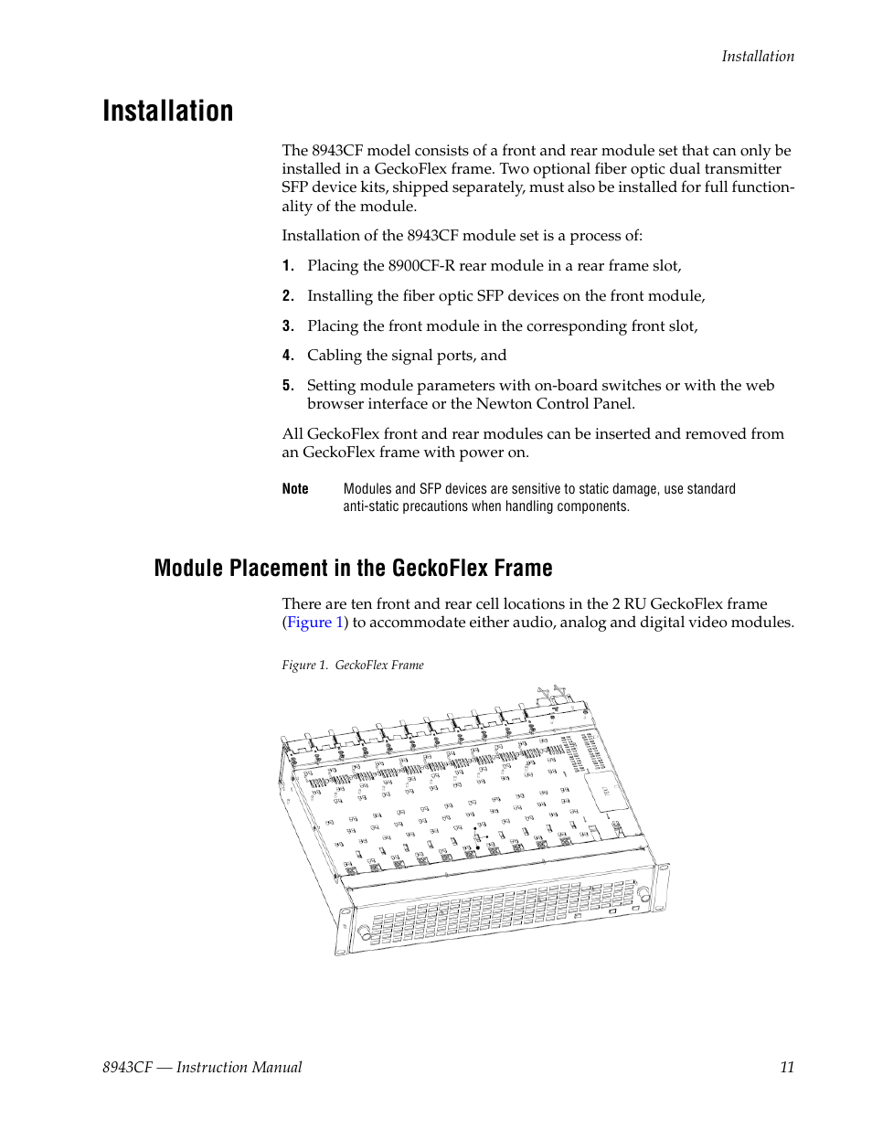 Installation, Module placement in the geckoflex frame | Grass Valley 8943CF User Manual | Page 11 / 66