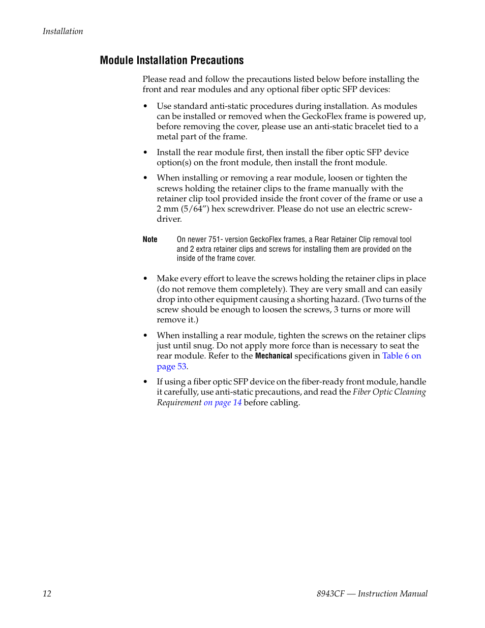 Module installation precautions | Grass Valley 8943CF User Manual | Page 12 / 66