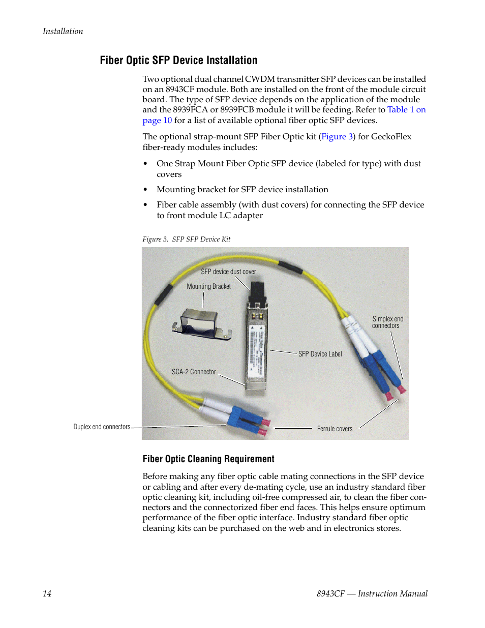 Fiber optic sfp device installation, Fiber optic cleaning requirement, Befor | Grass Valley 8943CF User Manual | Page 14 / 66