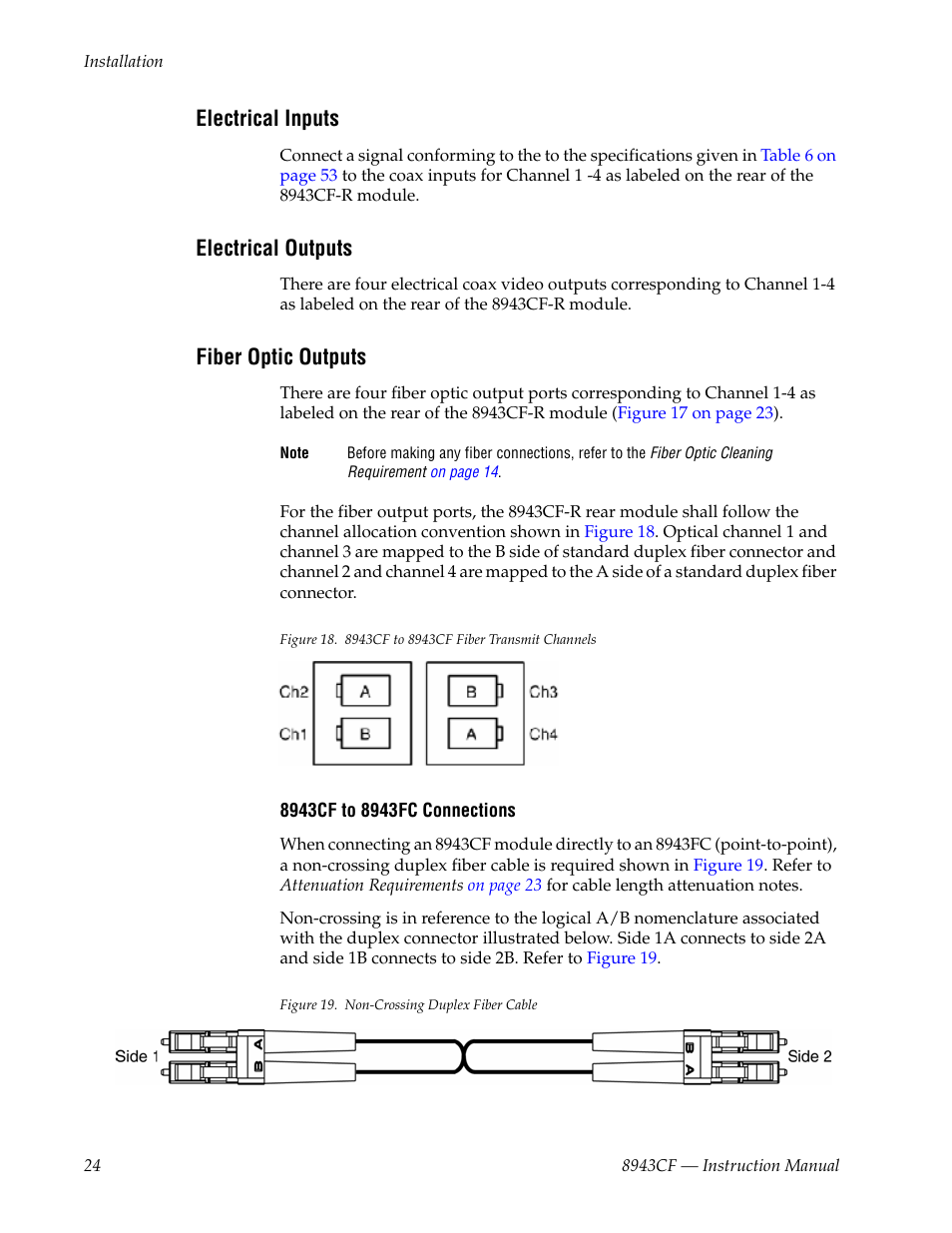 Electrical inputs, Electrical outputs, Fiber optic outputs | Grass Valley 8943CF User Manual | Page 24 / 66