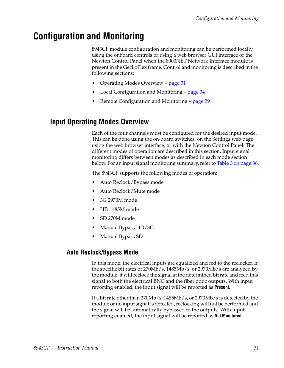 Configuration and monitoring, Input operating modes overview, Auto reclock/bypass mode | Grass Valley 8943CF User Manual | Page 31 / 66