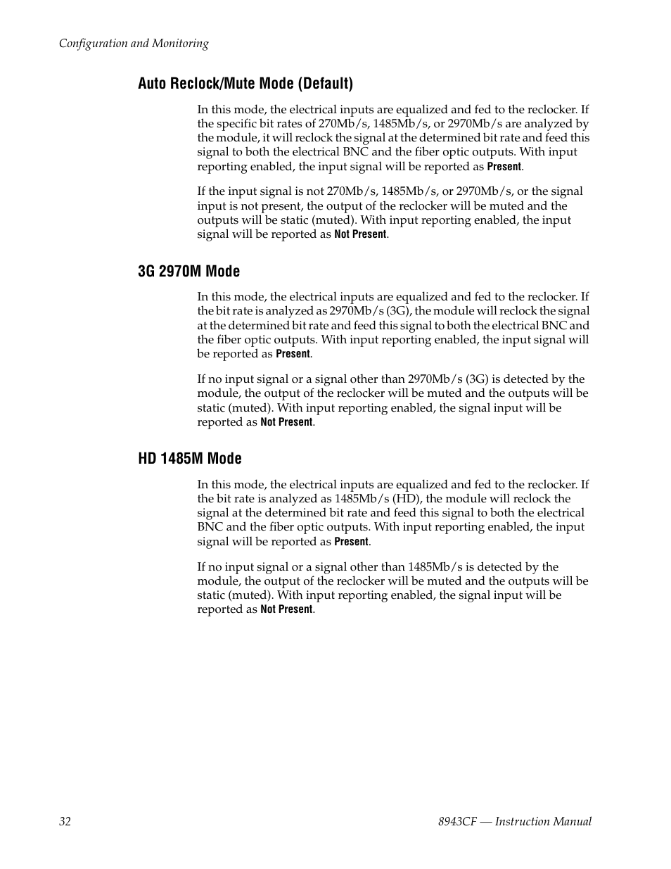 Auto reclock/mute mode (default), 3g 2970m mode, Hd 1485m mode | Grass Valley 8943CF User Manual | Page 32 / 66