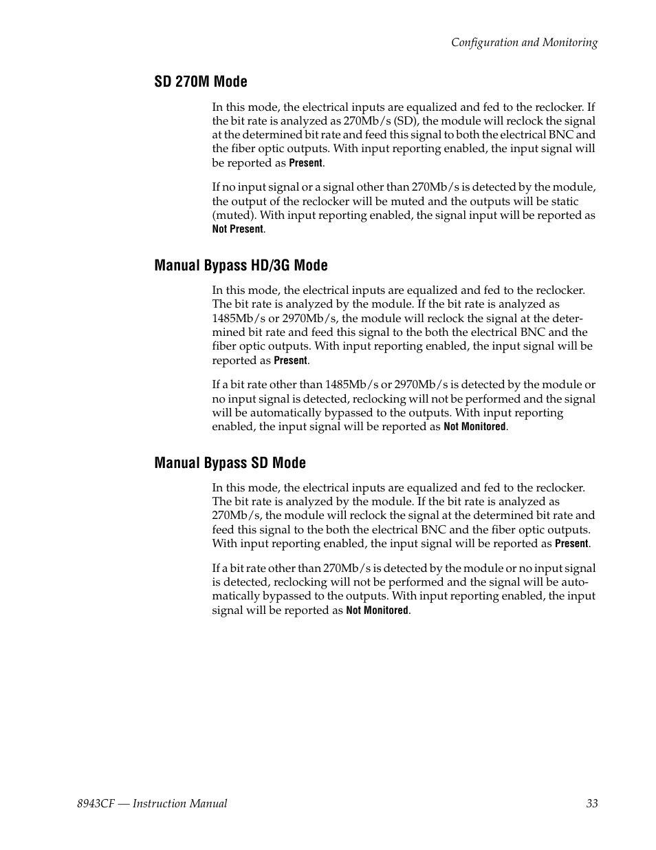 Sd 270m mode, Manual bypass hd/3g mode, Manual bypass sd mode | Grass Valley 8943CF User Manual | Page 33 / 66