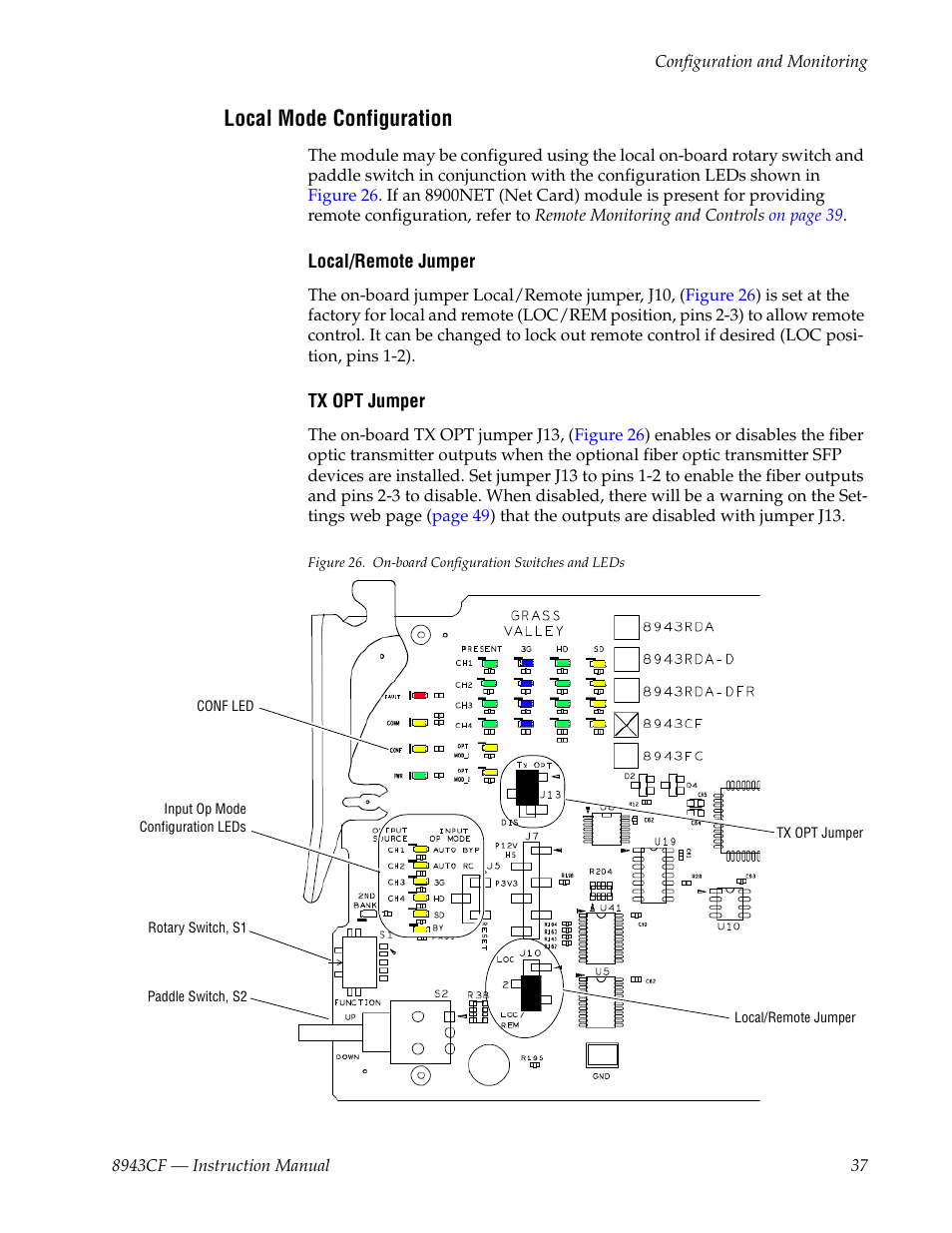 Local mode configuration, Bed in local/remote jumper | Grass Valley 8943CF User Manual | Page 37 / 66