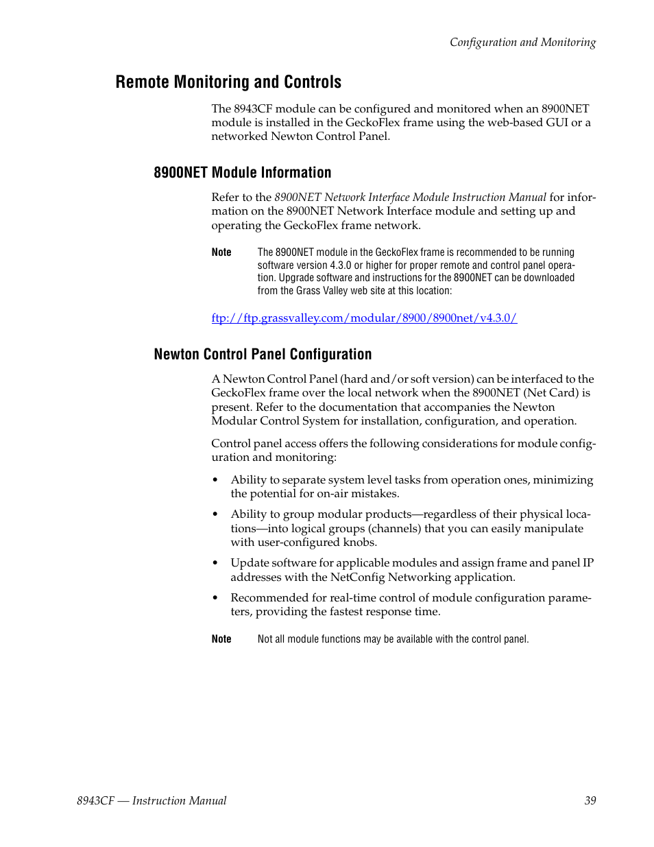 Remote monitoring and controls, 8900net module information, Newton control panel configuration | Grass Valley 8943CF User Manual | Page 39 / 66