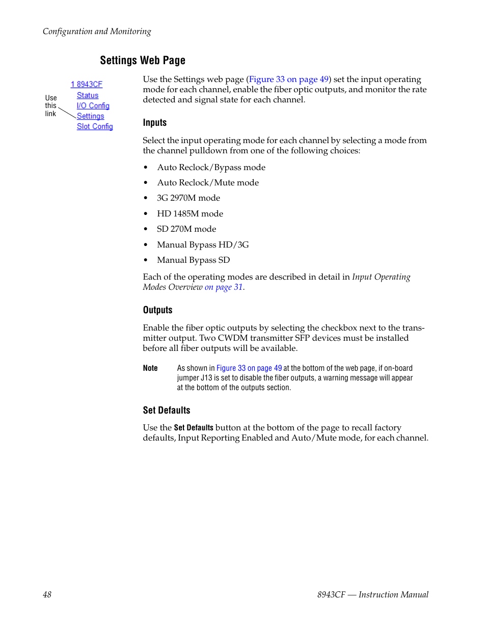 Settings web page | Grass Valley 8943CF User Manual | Page 48 / 66