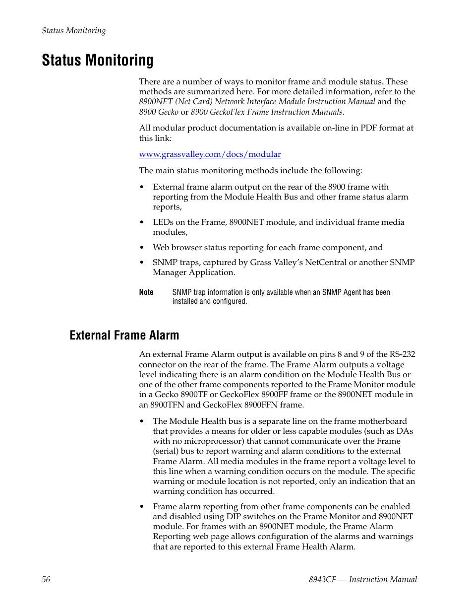Status monitoring, External frame alarm, In status monitoring | Grass Valley 8943CF User Manual | Page 56 / 66