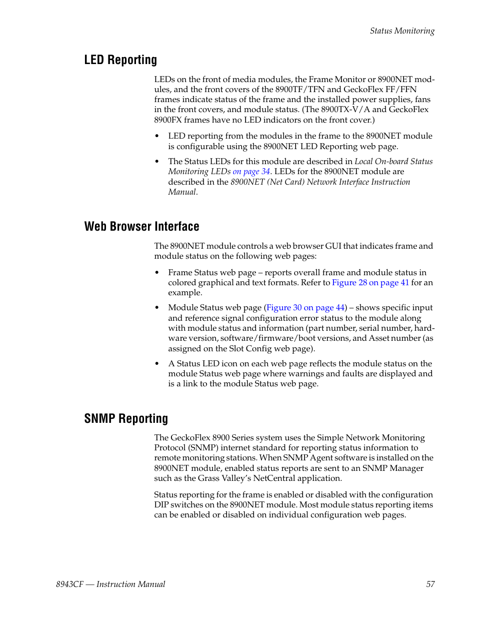 Led reporting, Web browser interface, Snmp reporting | Grass Valley 8943CF User Manual | Page 57 / 66