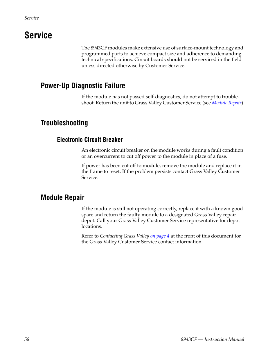 Service, Power-up diagnostic failure, Troubleshooting | Electronic circuit breaker, Module repair | Grass Valley 8943CF User Manual | Page 58 / 66