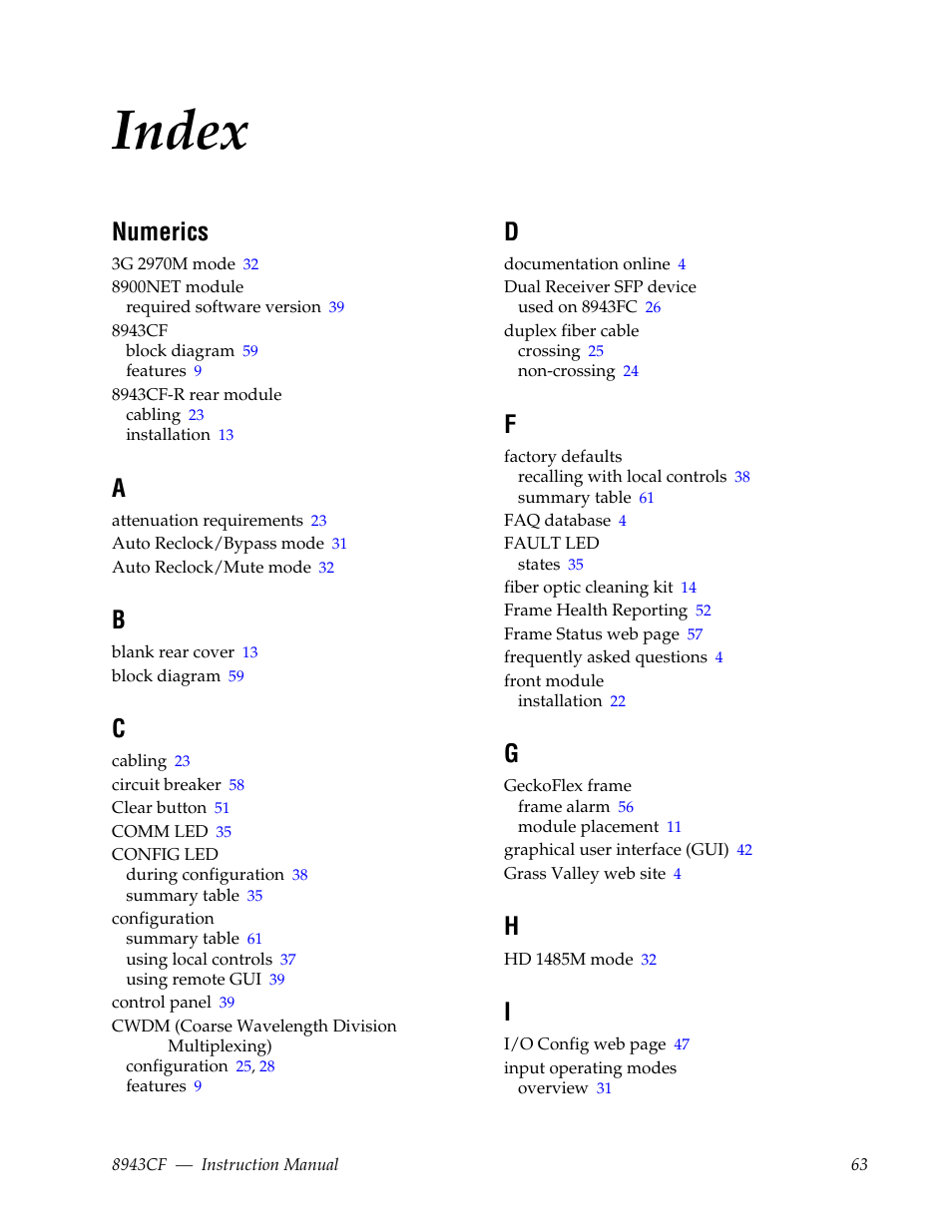 Index, Numerics | Grass Valley 8943CF User Manual | Page 63 / 66