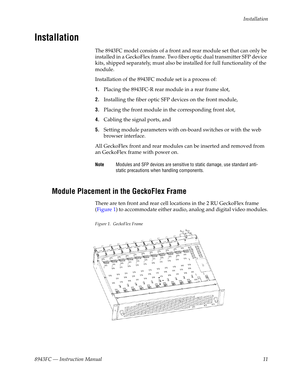 Installation, Module placement in the geckoflex frame | Grass Valley 8943FC User Manual | Page 11 / 64