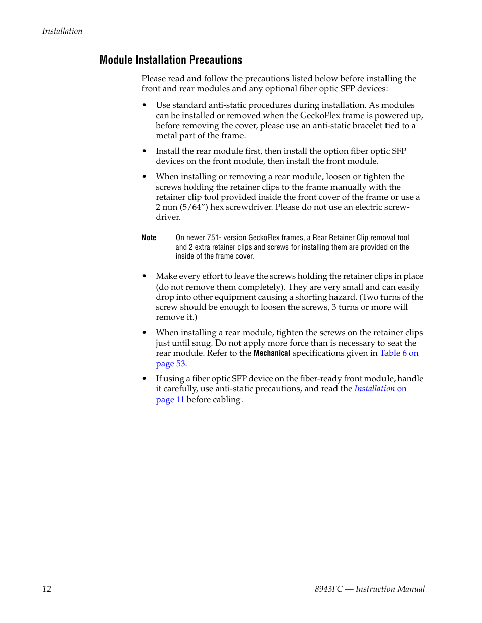 Module installation precautions | Grass Valley 8943FC User Manual | Page 12 / 64