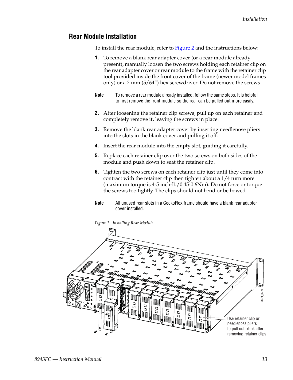 Rear module installation | Grass Valley 8943FC User Manual | Page 13 / 64
