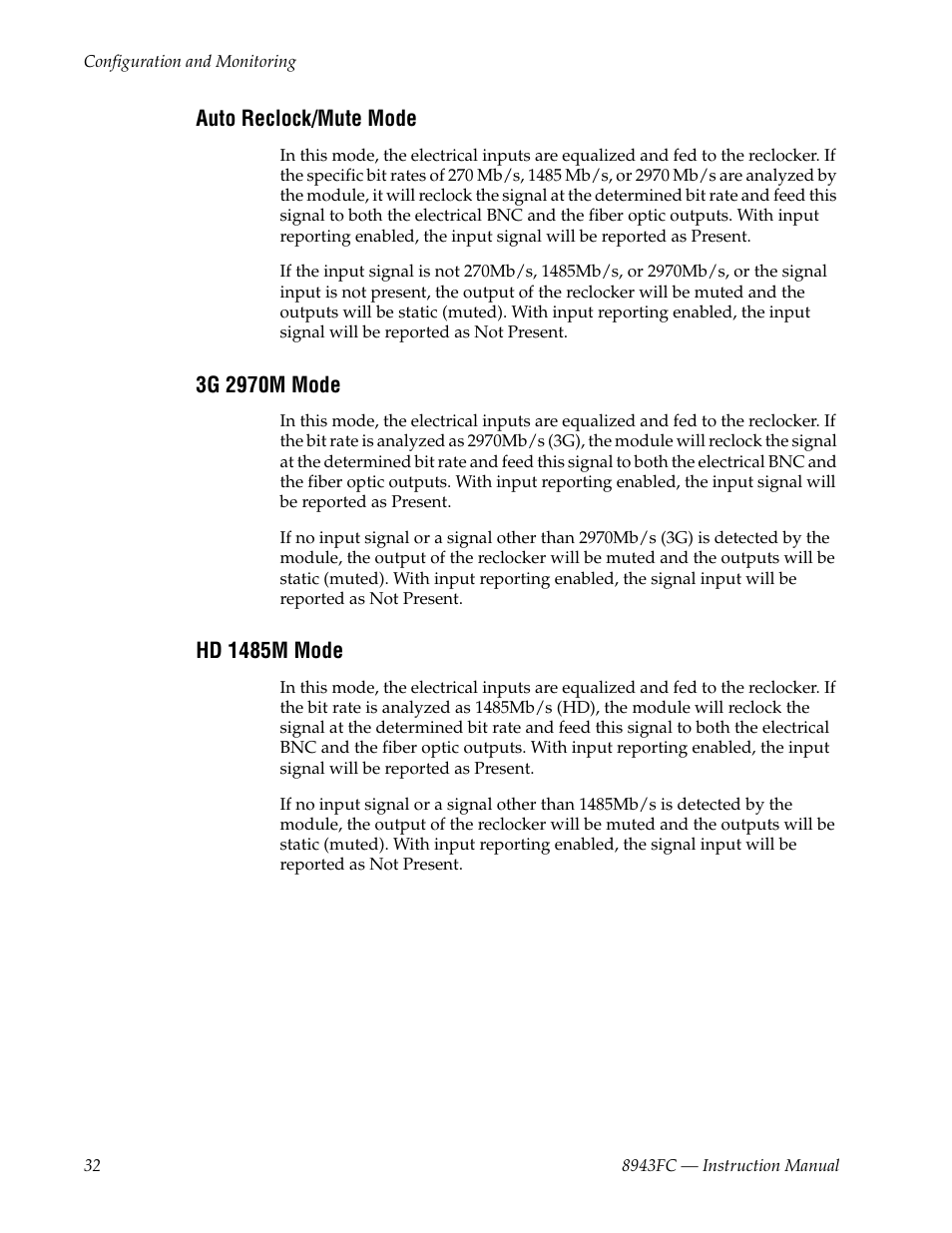 Auto reclock/mute mode, 3g 2970m mode, Hd 1485m mode | Grass Valley 8943FC User Manual | Page 32 / 64