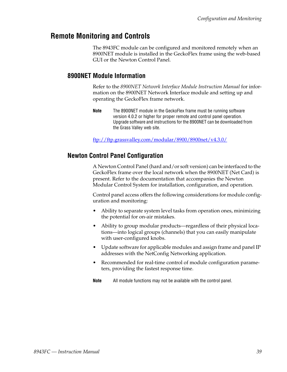 Remote monitoring and controls, 8900net module information, Newton control panel configuration | Remote moni | Grass Valley 8943FC User Manual | Page 39 / 64