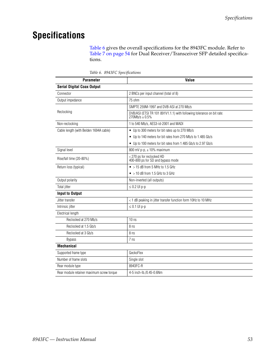 Specifications, Given in, Table 6 on | Grass Valley 8943FC User Manual | Page 53 / 64