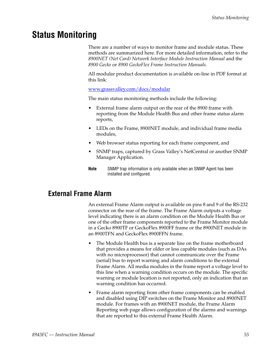 Status monitoring, External frame alarm | Grass Valley 8943FC User Manual | Page 55 / 64