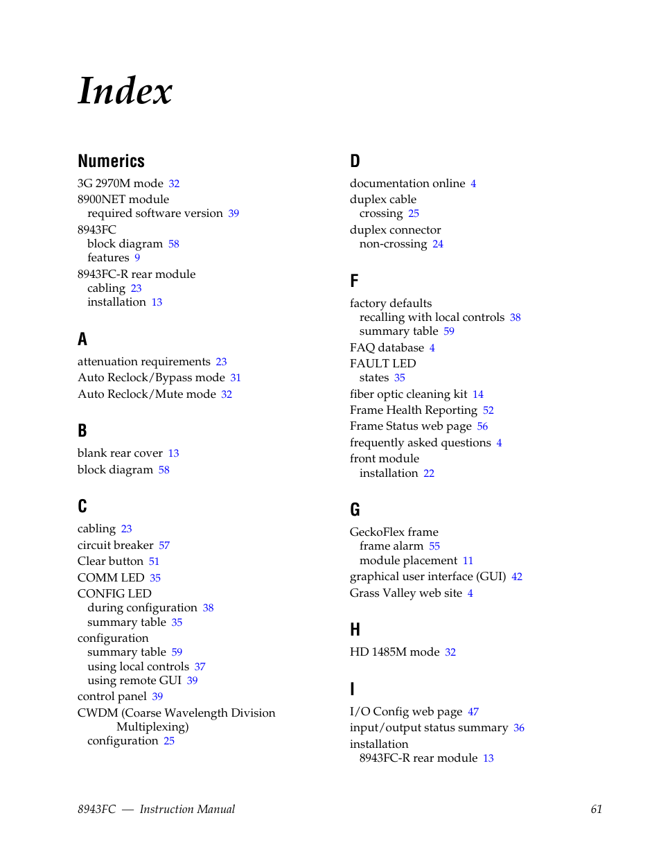 Index, Numerics | Grass Valley 8943FC User Manual | Page 61 / 64