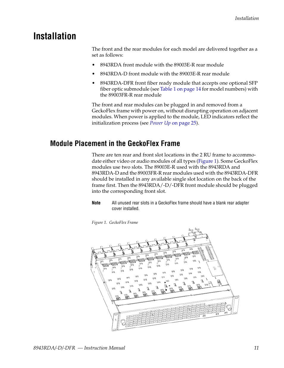 Installation, Module placement in the geckoflex frame | Grass Valley 8943RDA User Manual | Page 11 / 96