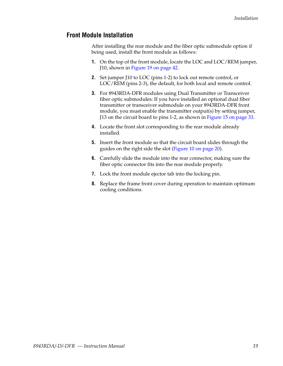 Front module installation | Grass Valley 8943RDA User Manual | Page 19 / 96