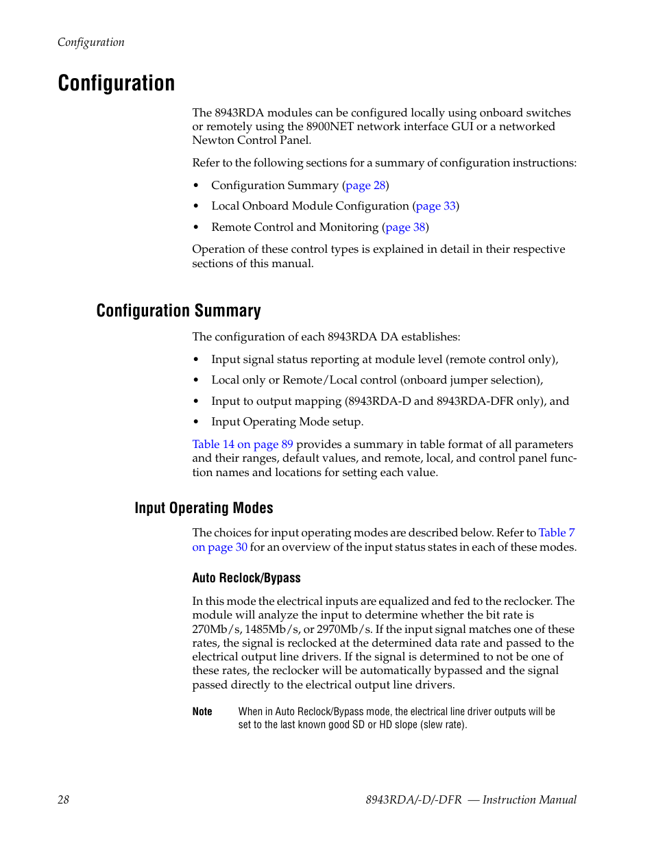 Configuration, Configuration summary, Input operating modes | L panel | Grass Valley 8943RDA User Manual | Page 28 / 96