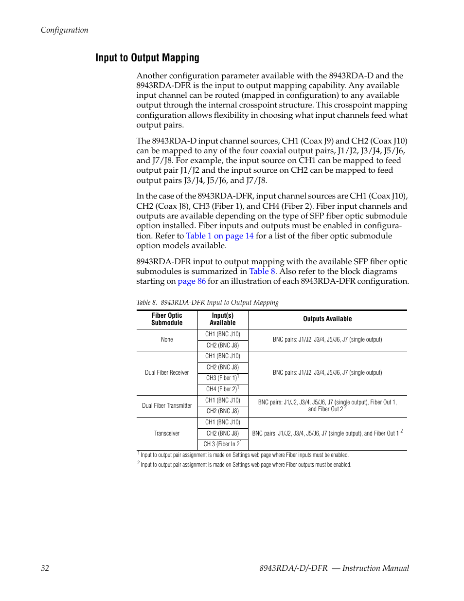 Input to output mapping | Grass Valley 8943RDA User Manual | Page 32 / 96