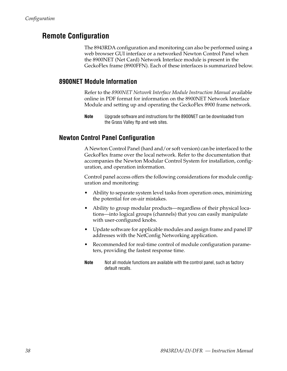 Remote configuration, 8900net module information, Newton control panel configuration | Grass Valley 8943RDA User Manual | Page 38 / 96