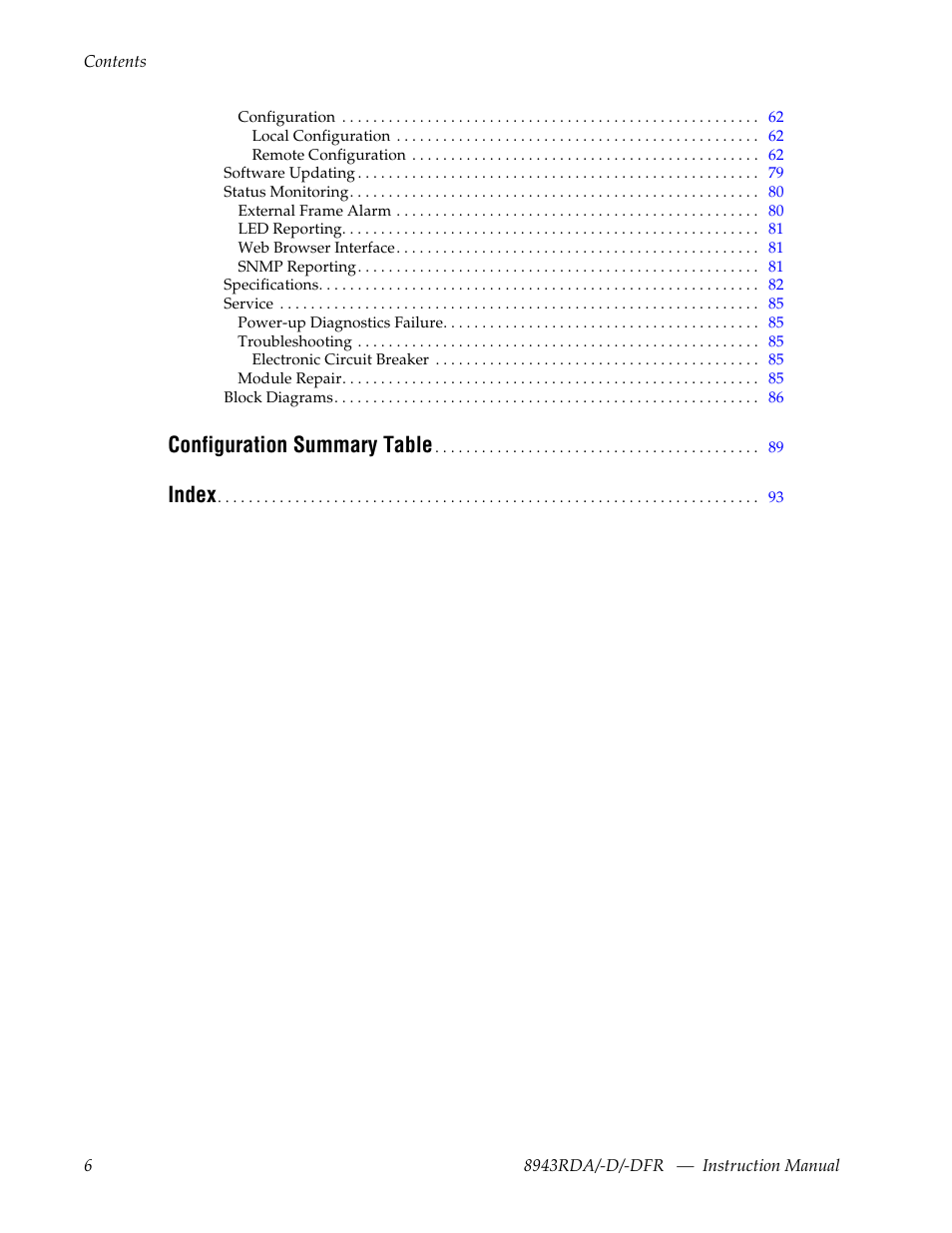 Configuration summary table, Index | Grass Valley 8943RDA User Manual | Page 6 / 96