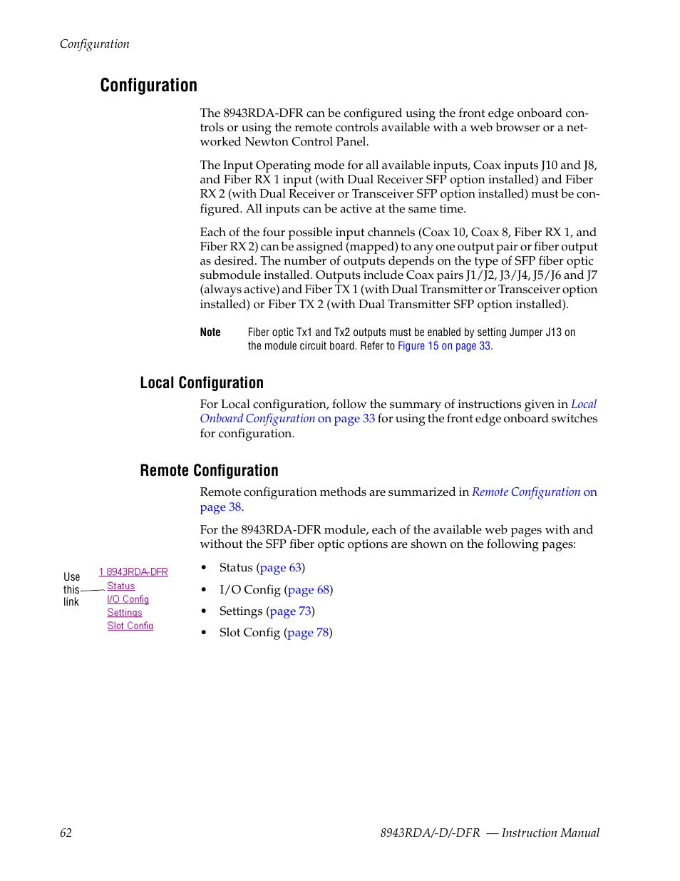 Configuration, Local configuration, Remote configuration | Grass Valley 8943RDA User Manual | Page 62 / 96