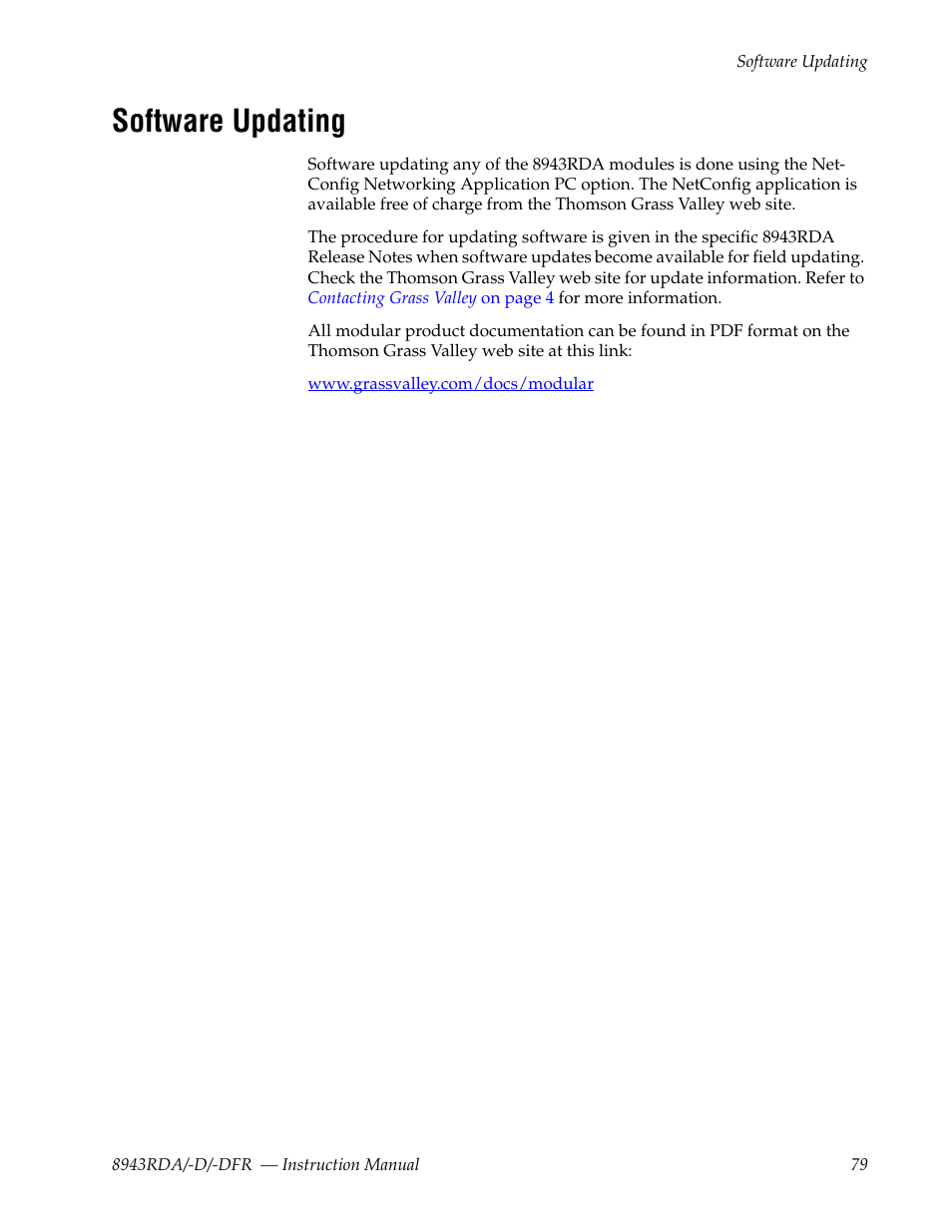Software updating | Grass Valley 8943RDA User Manual | Page 79 / 96
