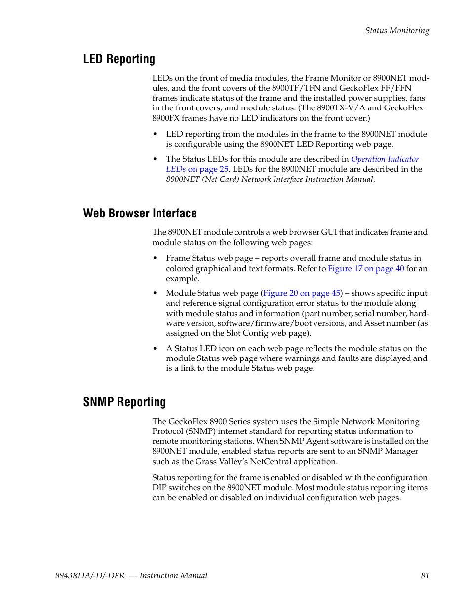 Led reporting, Web browser interface, Snmp reporting | Grass Valley 8943RDA User Manual | Page 81 / 96